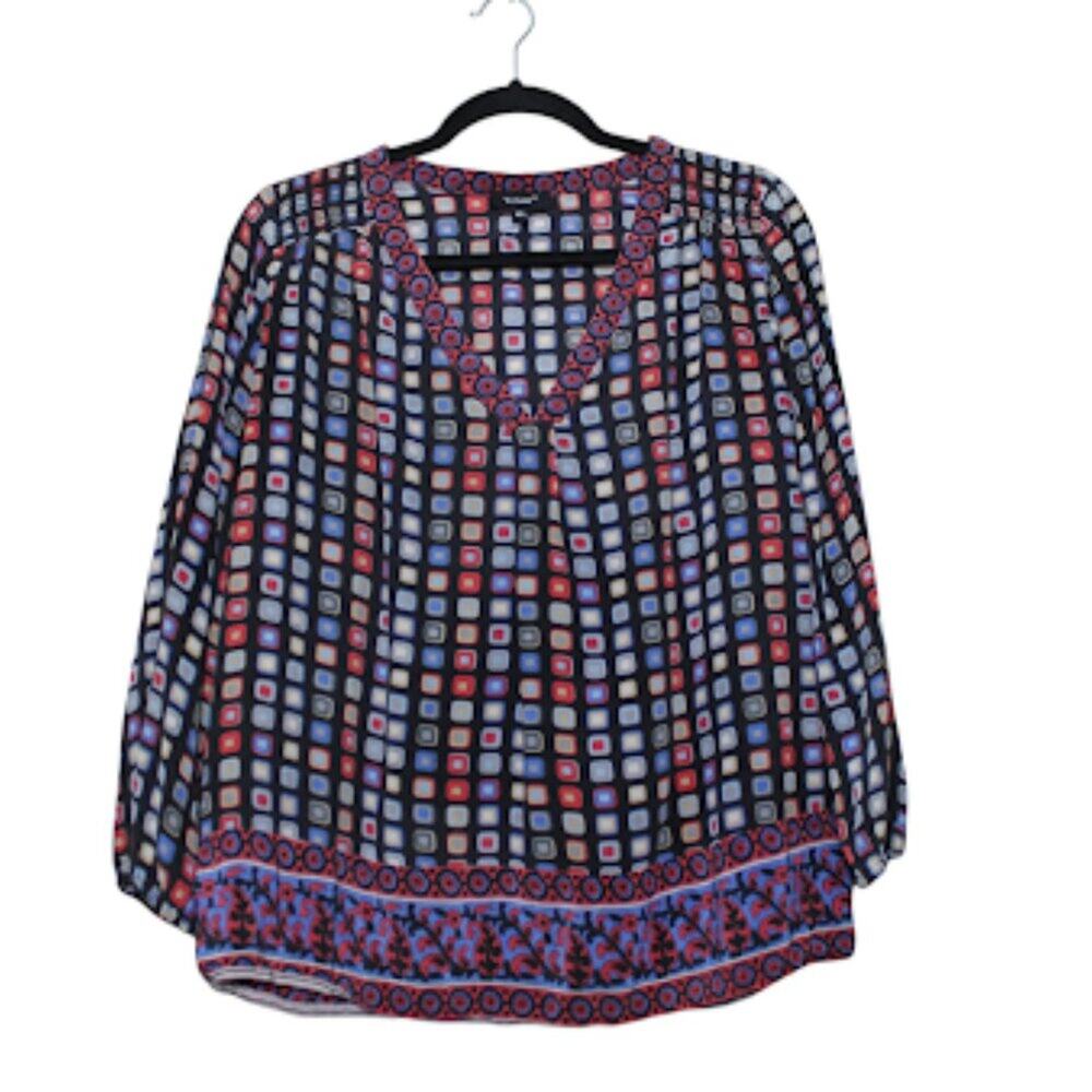 TOLANI | 100% Silk Lightweight V-Neck Semi-Sheer 3/4 Sleeve Blouse Geo Print XS